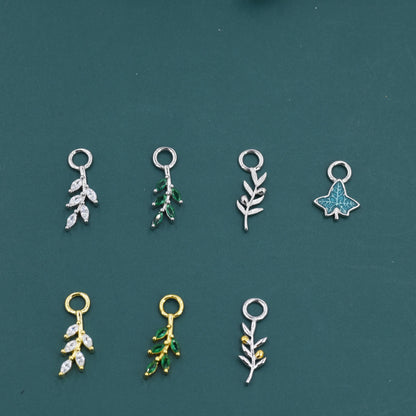 CZ and Enamel Leaf Charms for Huggie Hoops in Sterling Silver, Nature-Inspired Botanical Charms for Hoops Earrings, Leaf Hoop Charms