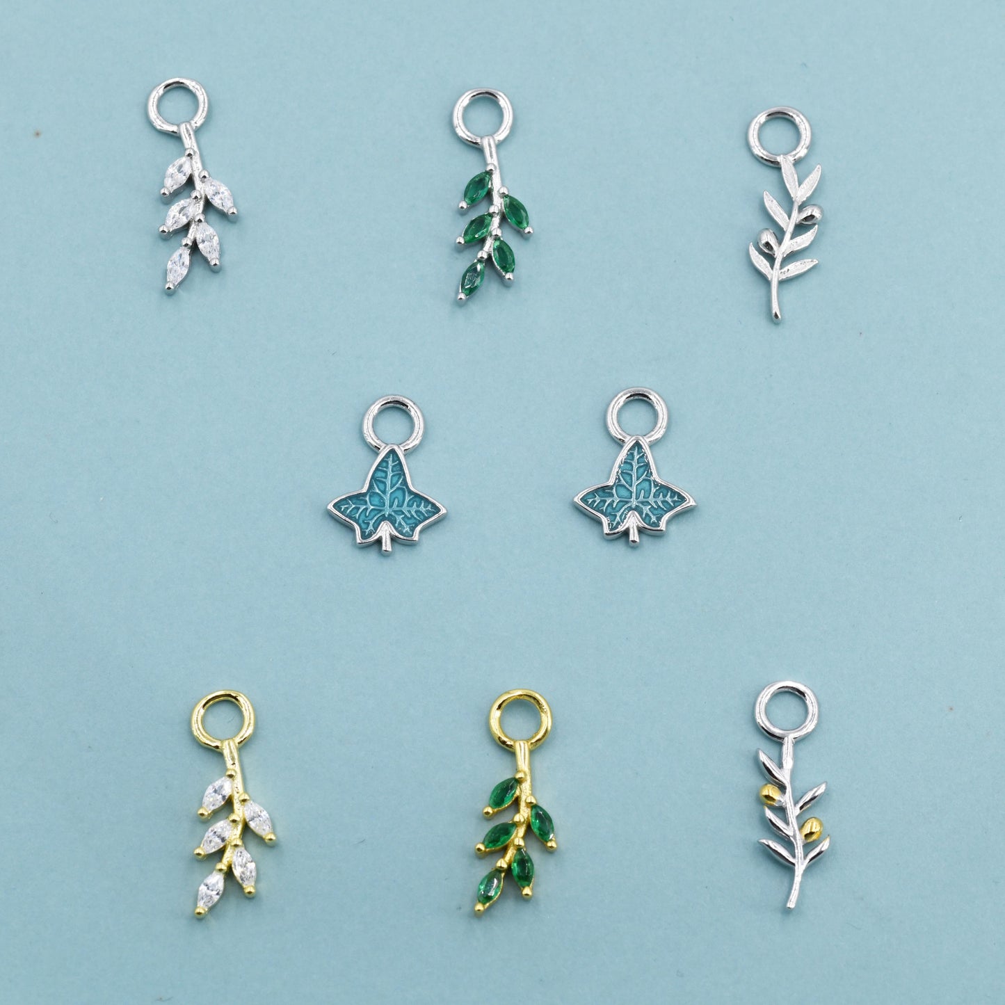 CZ and Enamel Leaf Charms for Huggie Hoops in Sterling Silver, Nature-Inspired Botanical Charms for Hoops Earrings, Leaf Hoop Charms