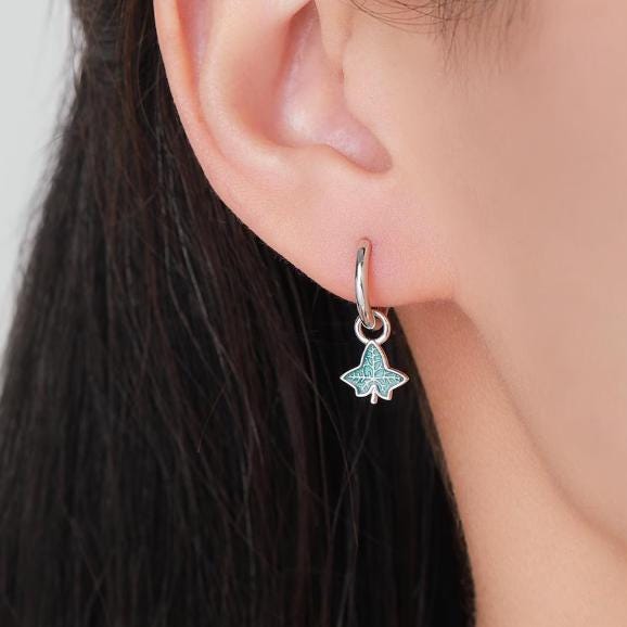 CZ and Enamel Leaf Charms for Huggie Hoops in Sterling Silver, Nature-Inspired Botanical Charms for Hoops Earrings, Leaf Hoop Charms