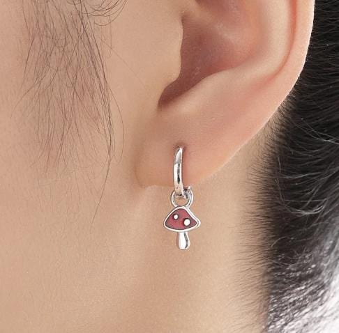 Enamel Mushroom Charms for Huggie Hoops in Sterling Silver, Nature-Inspired Botanical Charms for Hoops Earrings, Mushroom Hoop Charms