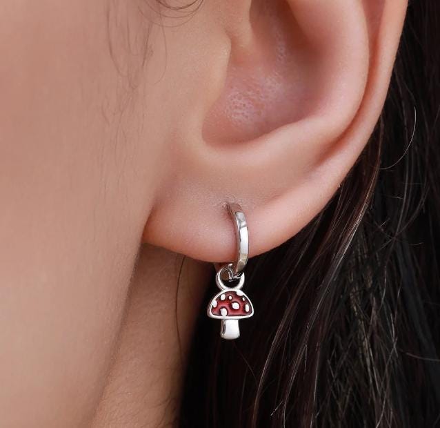 Enamel Mushroom Charms for Huggie Hoops in Sterling Silver, Nature-Inspired Botanical Charms for Hoops Earrings, Mushroom Hoop Charms