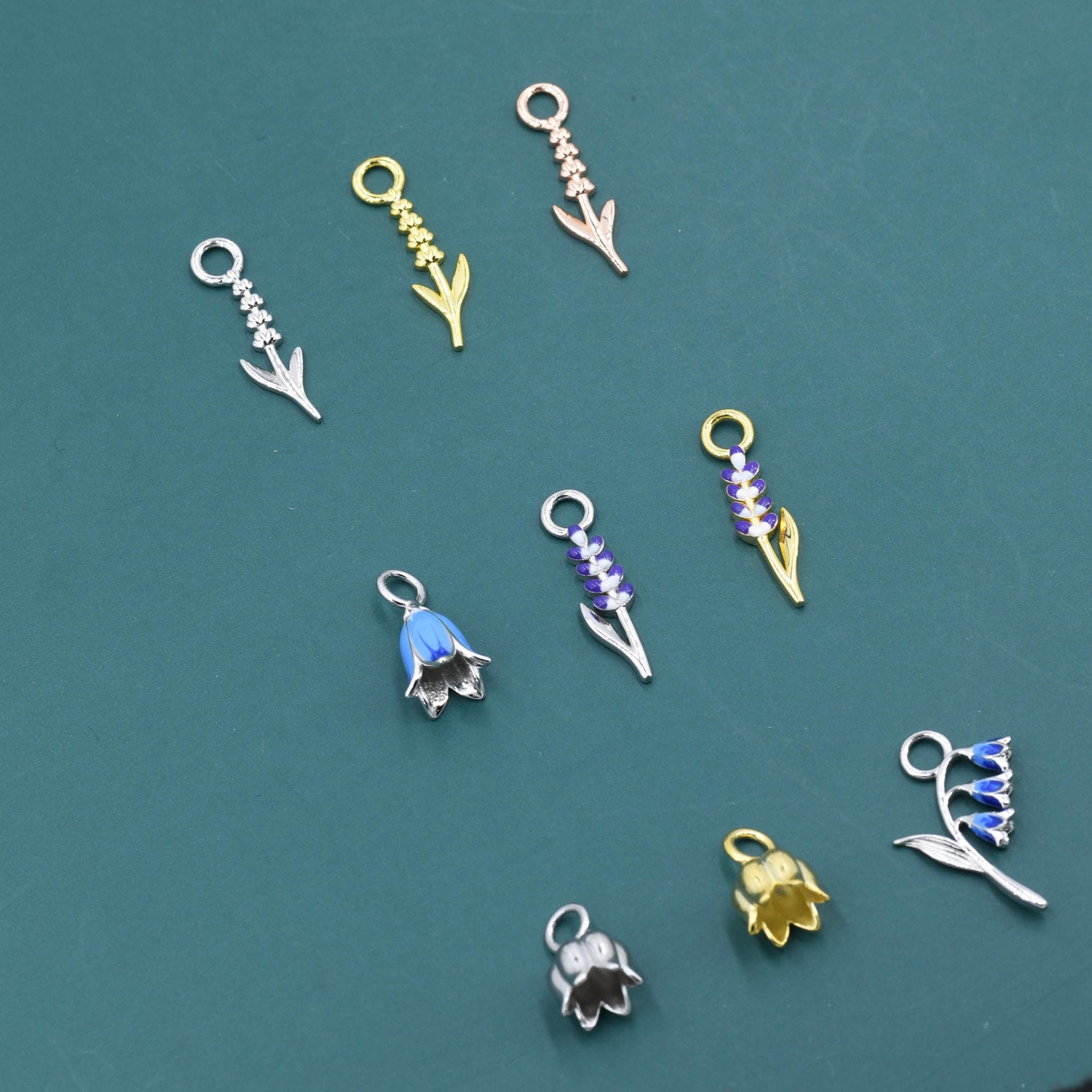 Sterling Silver Enamel Flower Charms for Hoop Earrings, Lavender, Bluebell and Lily of the Valley Charms for Huggie Hoops