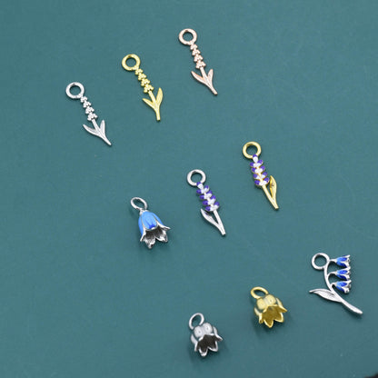 Sterling Silver Enamel Flower Charms for Hoop Earrings, Lavender, Bluebell and Lily of the Valley Charms for Huggie Hoops
