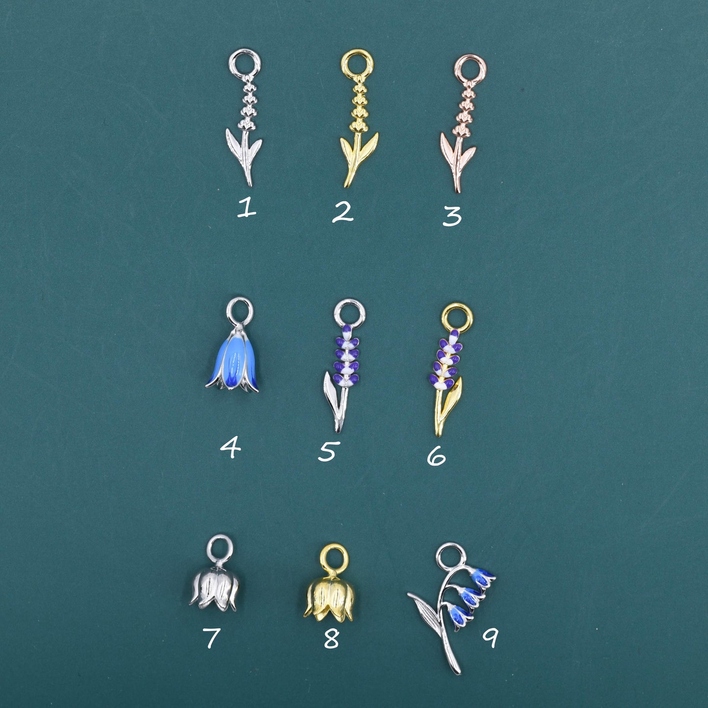 Sterling Silver Enamel Flower Charms for Hoop Earrings, Lavender, Bluebell and Lily of the Valley Charms for Huggie Hoops