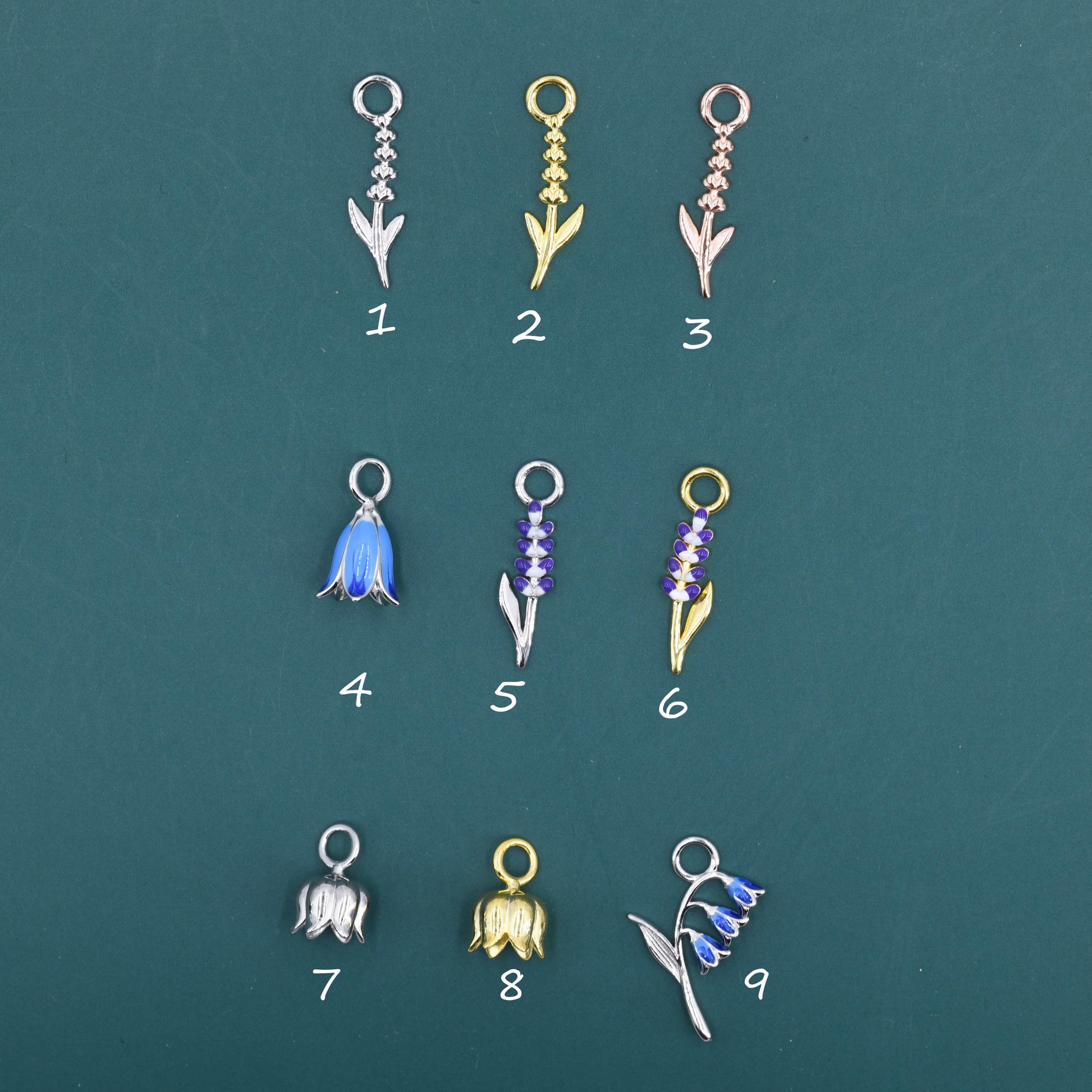 Sterling Silver Enamel Flower Charms for Hoop Earrings, Lavender, Bluebell and Lily of the Valley Charms for Huggie Hoops