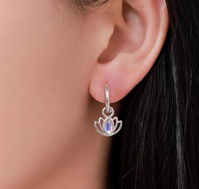 CZ Flower and Lab Moonstone Flower Charms for Huggie Hoops in Sterling Silver, Nature-Inspired Botanical Charms for Hoops Earrings