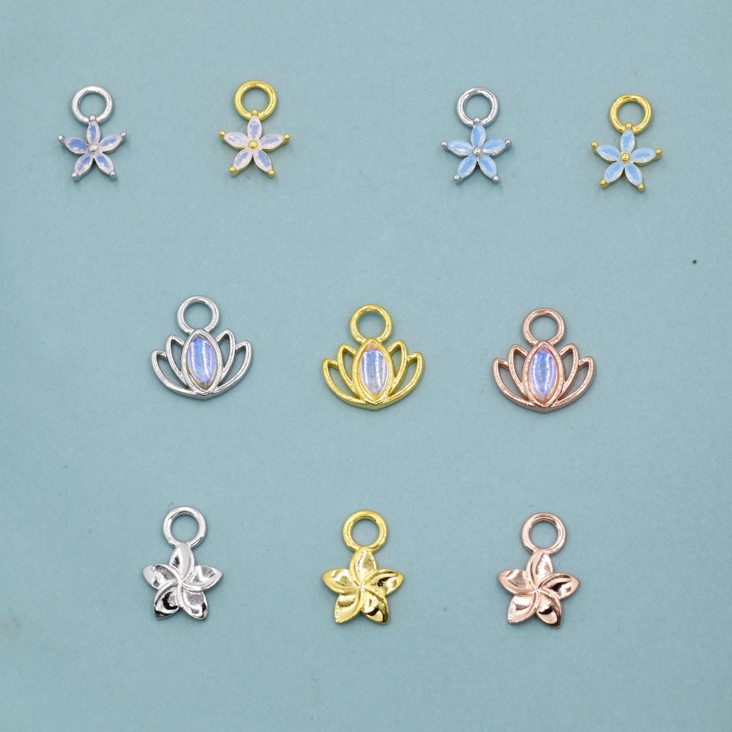 CZ Flower and Lab Moonstone Flower Charms for Huggie Hoops in Sterling Silver, Nature-Inspired Botanical Charms for Hoops Earrings