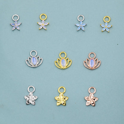 CZ Flower and Lab Moonstone Flower Charms for Huggie Hoops in Sterling Silver, Nature-Inspired Botanical Charms for Hoops Earrings