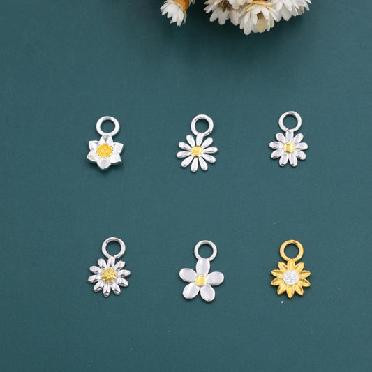 Sterling Silver Variety Flower Charms for Hoop Earrings, Daffodil Charms, Aster Charms, Daisy Charms, Sunflower Charms for Huggie Hoops