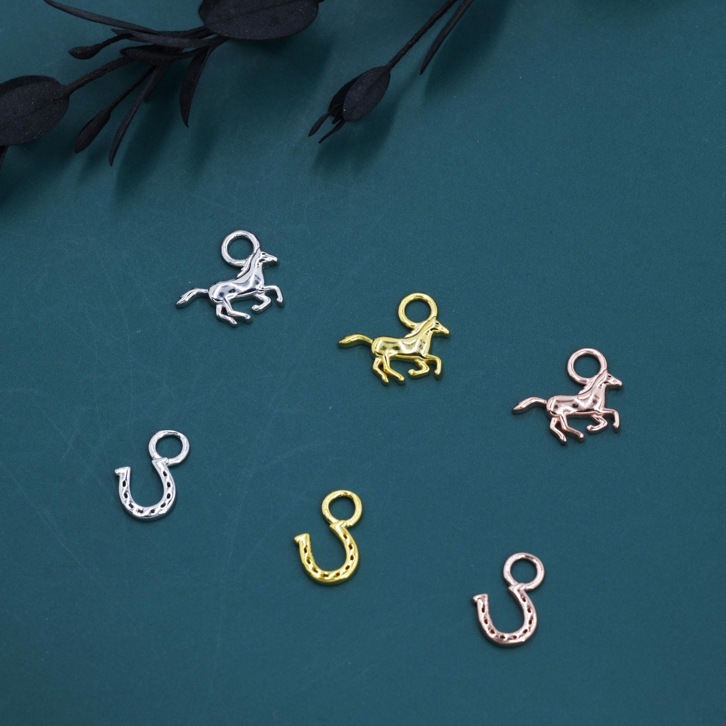 Horse and Horse Shoe Charms for Huggie Hoops in Sterling Silver, Sold as a Pair, Animal Charms for Hoops, Silver or Gold or Rose Gold