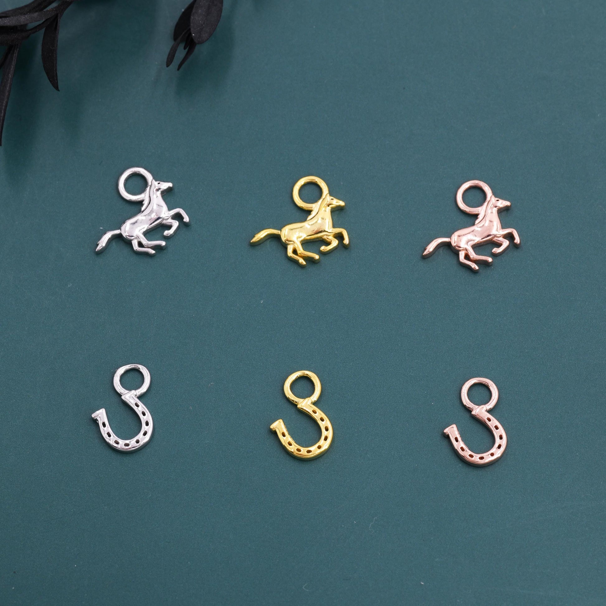 Mismatched Horse and Horse Shoe Charms for Huggie Hoops in Sterling Silver, Sold as a Asymmetric Pair, Silver or Gold or Rose Gold