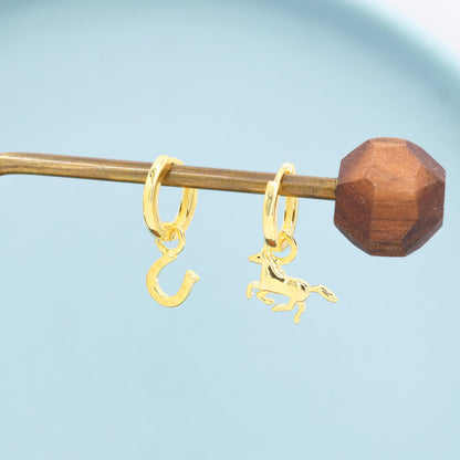 Mismatched Horse and Horseshoe Huggie Hoops in Sterling Silver, Silver or Gold or Rose Gold, Detachable Horse and Horse Shoe Hoop Earrings