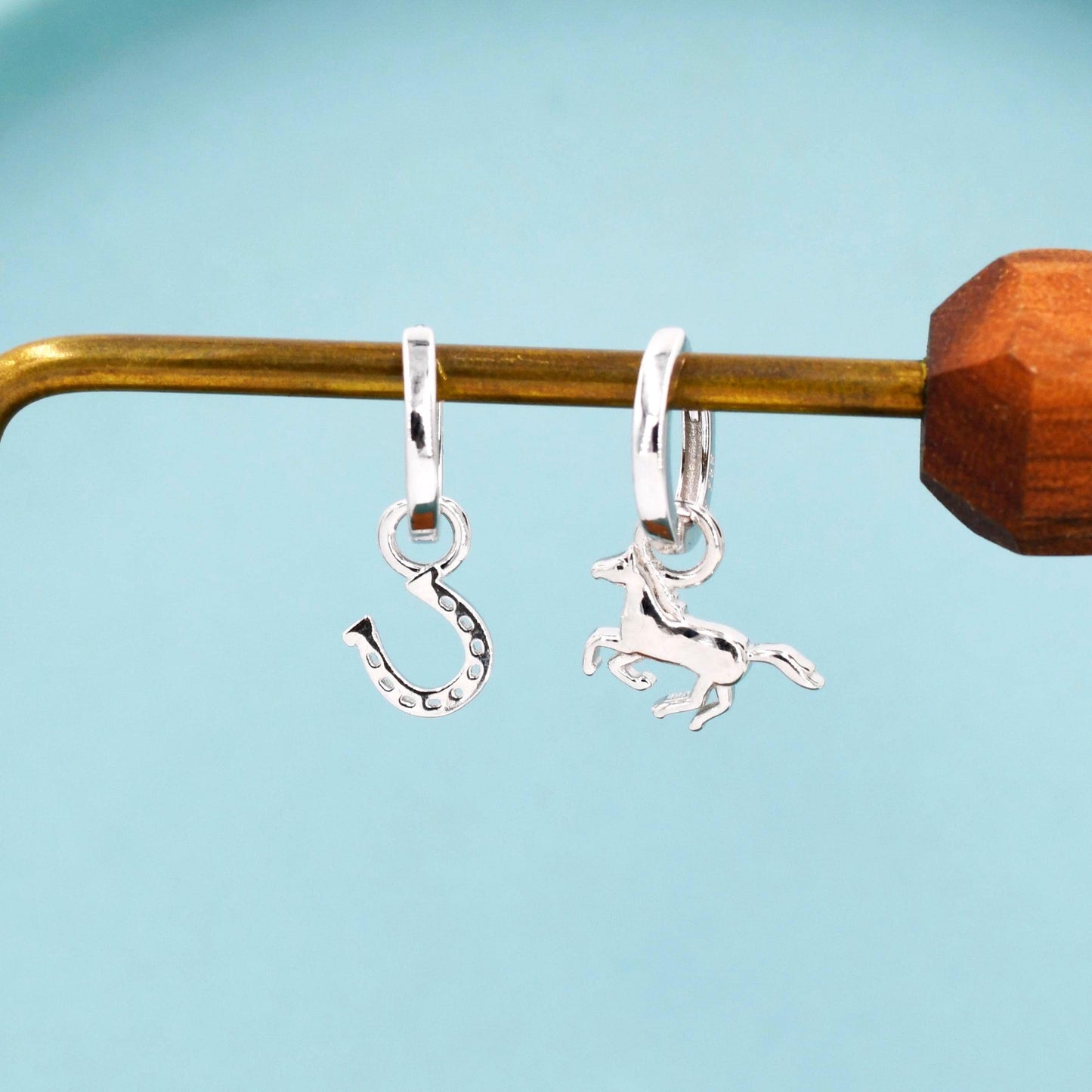 Mismatched Horse and Horseshoe Huggie Hoops in Sterling Silver, Silver or Gold or Rose Gold, Detachable Horse and Horse Shoe Hoop Earrings