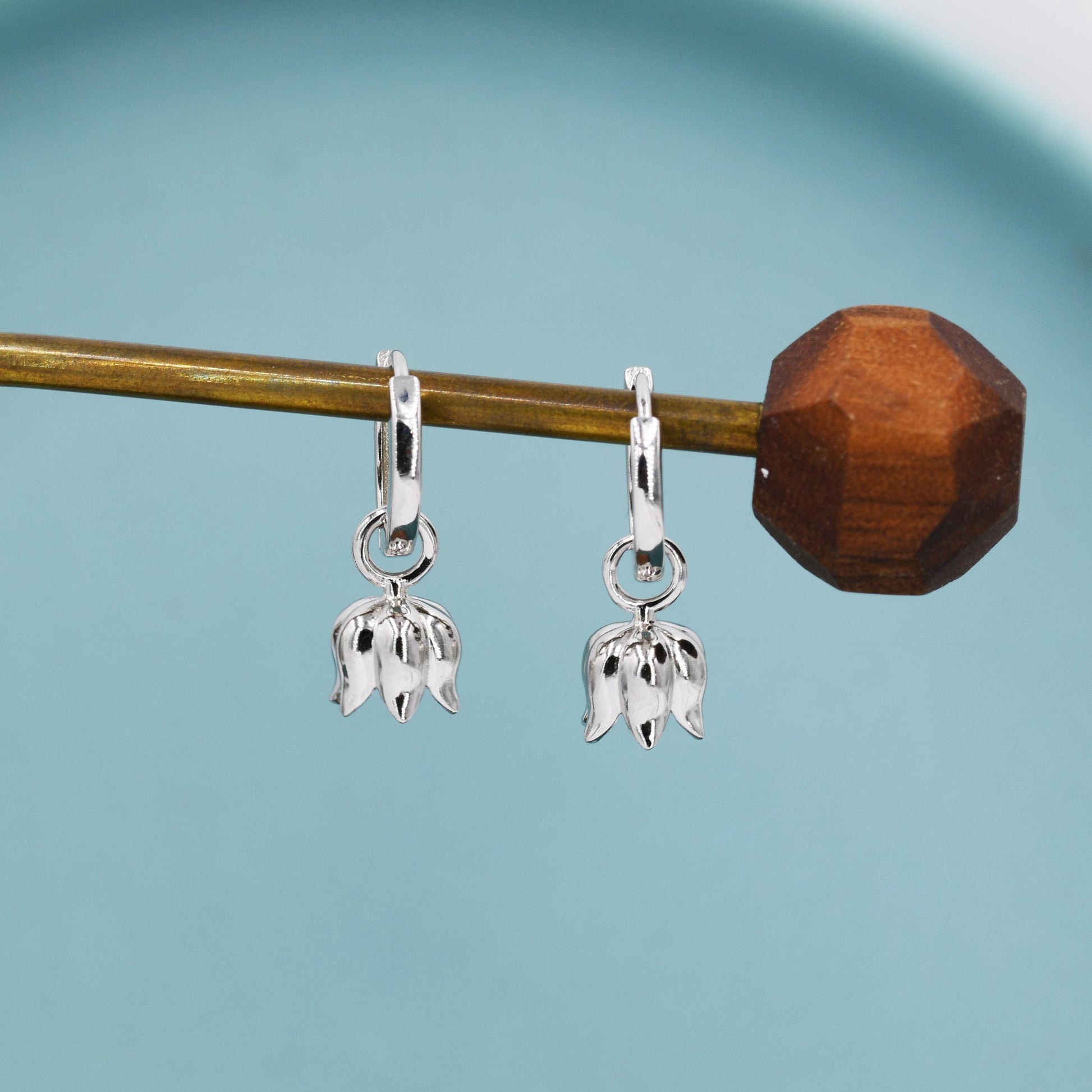 Lily of the Valley Flower Charm Huggie Hoop Earrings in Sterling Silver, Lily of the Valley Flower Dangle Earrings, Detachable Charms