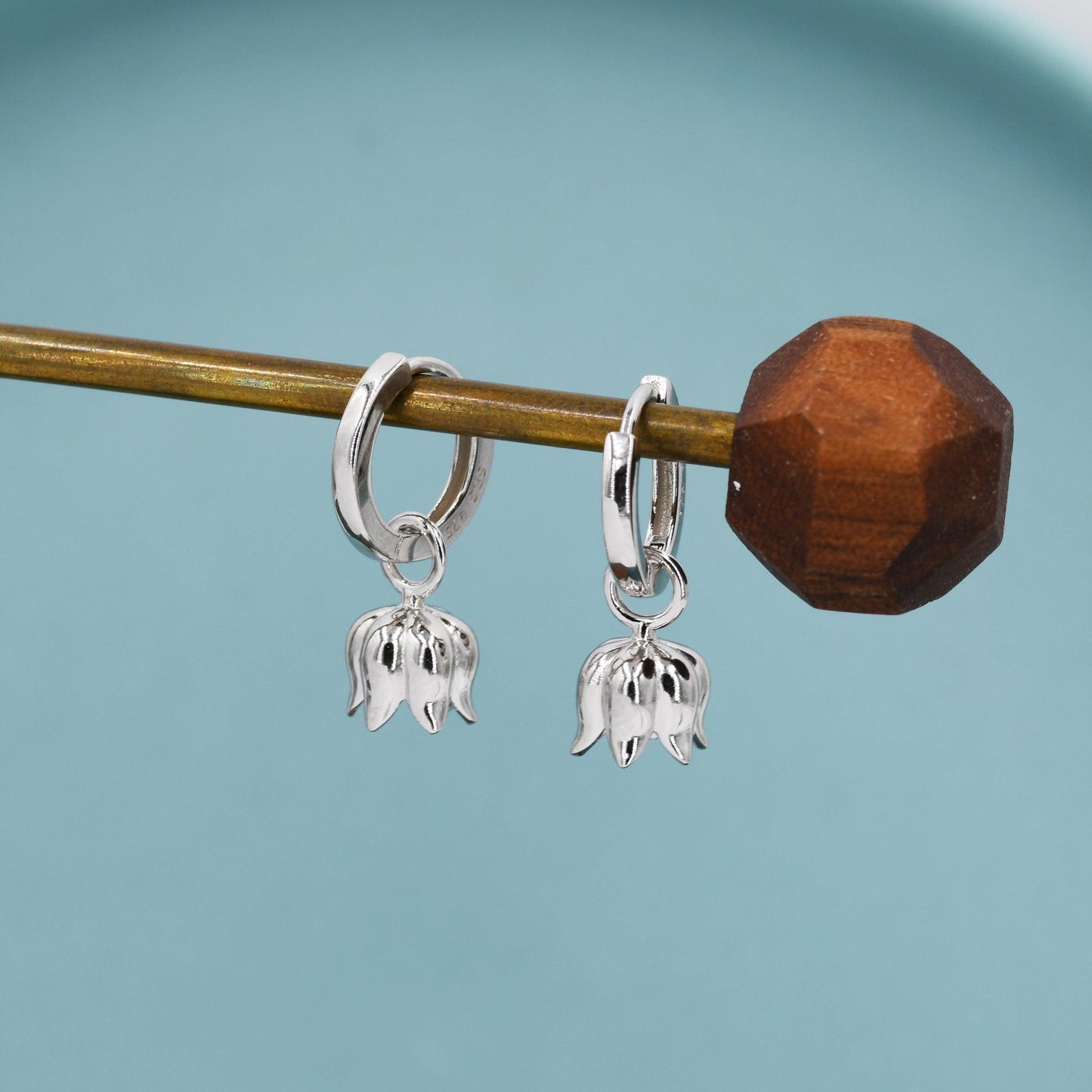 Lily of the Valley Flower Charm Huggie Hoop Earrings in Sterling Silver, Lily of the Valley Flower Dangle Earrings, Detachable Charms