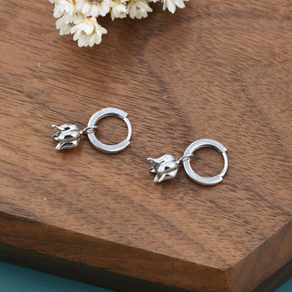 Lily of the Valley Flower Charm Huggie Hoop Earrings in Sterling Silver, Lily of the Valley Flower Dangle Earrings, Detachable Charms