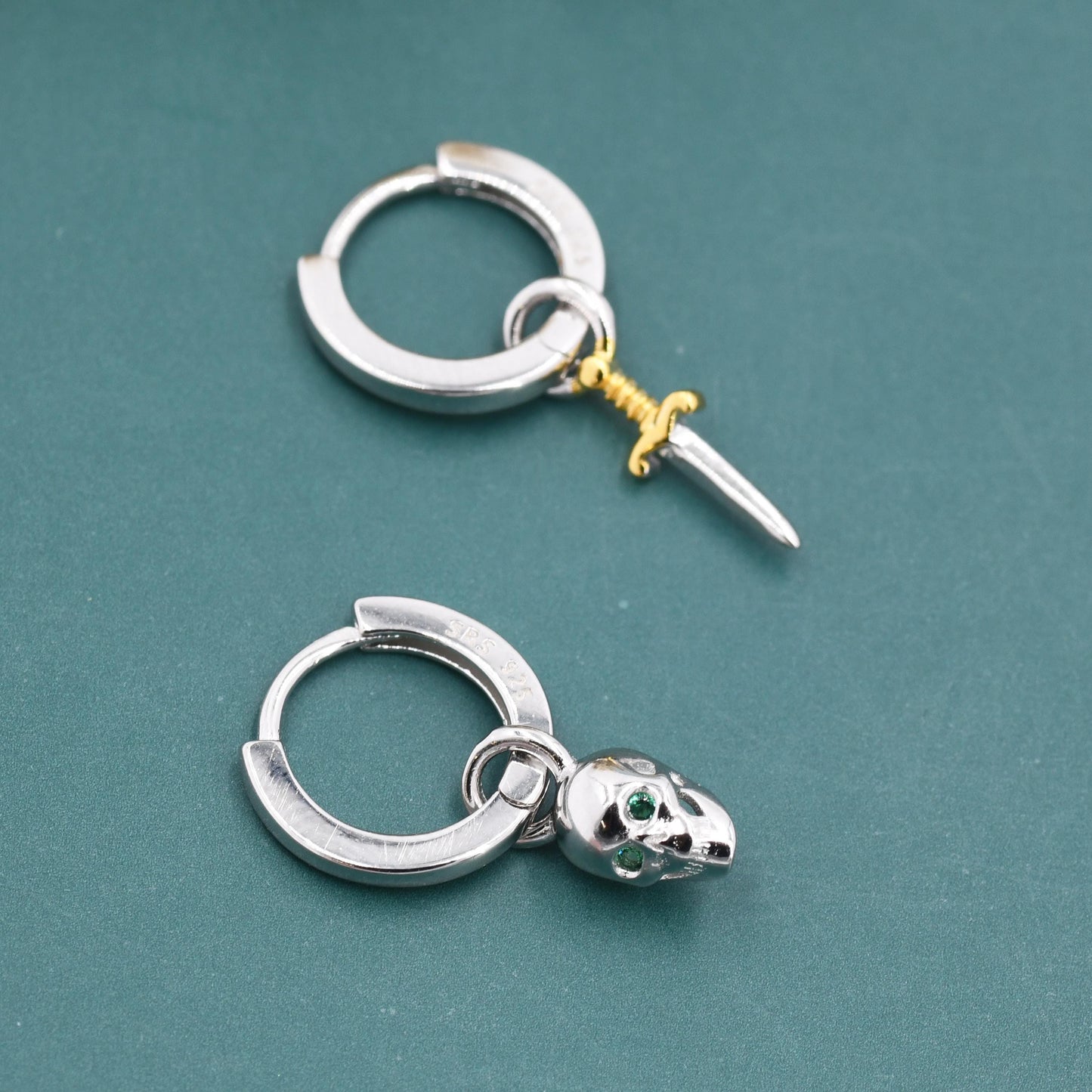 Mismatched Skull and Sword Huggie Hoop Earrings in Sterling Silver, Tiny Detachable Skull and Sword Charms, Silver Skull Hoop Earrings