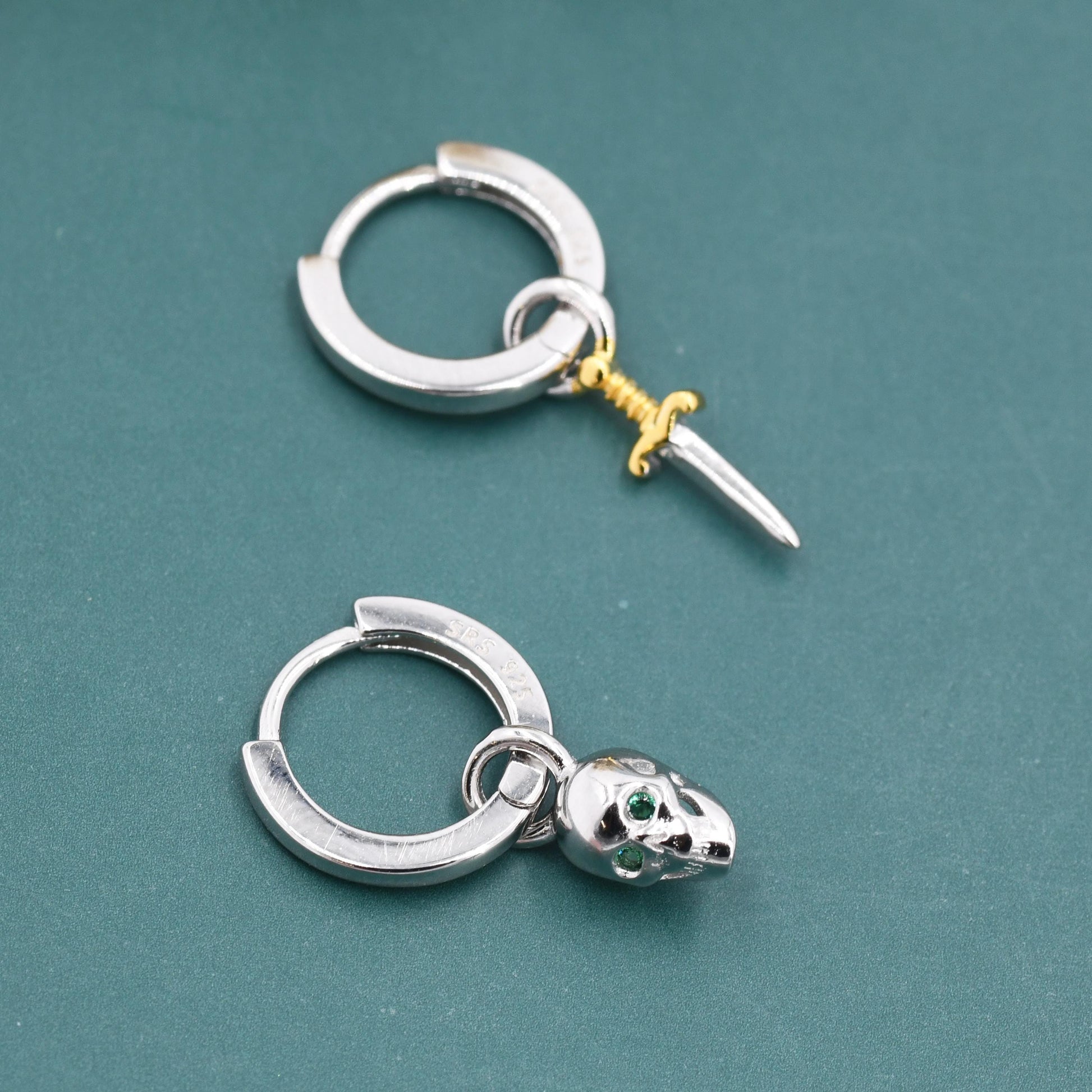 Mismatched Skull and Sword Huggie Hoop Earrings in Sterling Silver, Tiny Detachable Skull and Sword Charms, Silver Skull Hoop Earrings