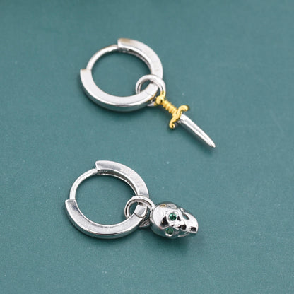 Mismatched Skull and Sword Huggie Hoop Earrings in Sterling Silver, Tiny Detachable Skull and Sword Charms, Silver Skull Hoop Earrings