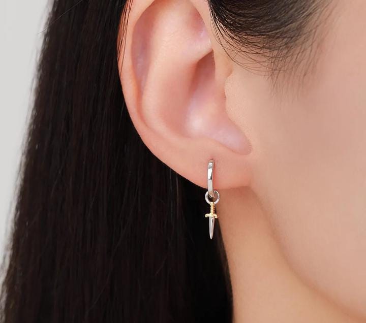 Mismatched Skull and Sword Huggie Hoop Earrings in Sterling Silver, Silver or Gold Finish, Detachable Skull and Sword Charm Hoop Earrings