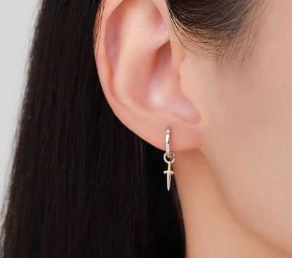 Mismatched Skull and Sword Huggie Hoop Earrings in Sterling Silver, Silver or Gold Finish, Detachable Skull and Sword Charm Hoop Earrings