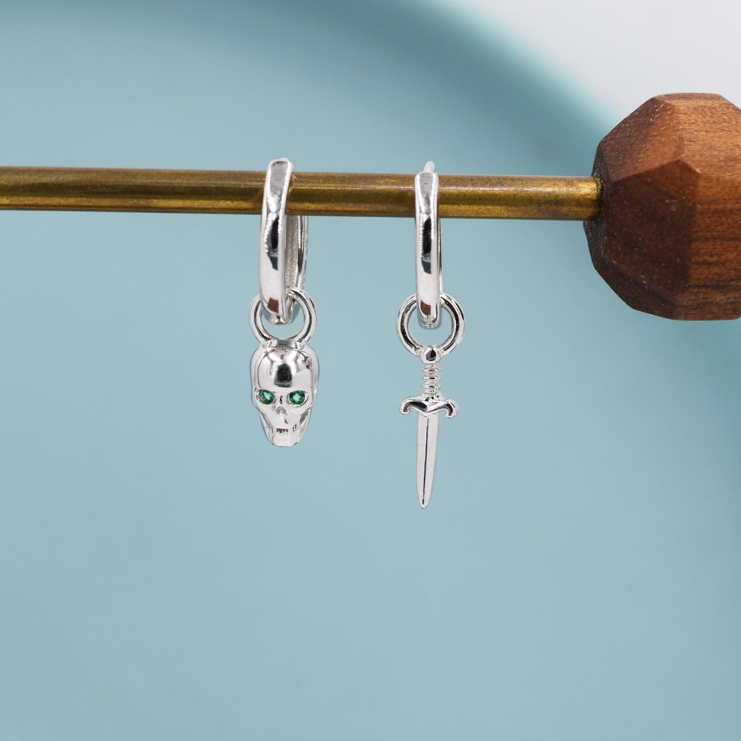 Mismatched Skull and Sword Huggie Hoop Earrings in Sterling Silver, Silver or Gold Finish, Detachable Skull and Sword Charm Hoop Earrings