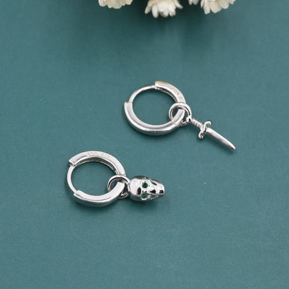 Mismatched Skull and Sword Huggie Hoop Earrings in Sterling Silver, Silver or Gold Finish, Detachable Skull and Sword Charm Hoop Earrings