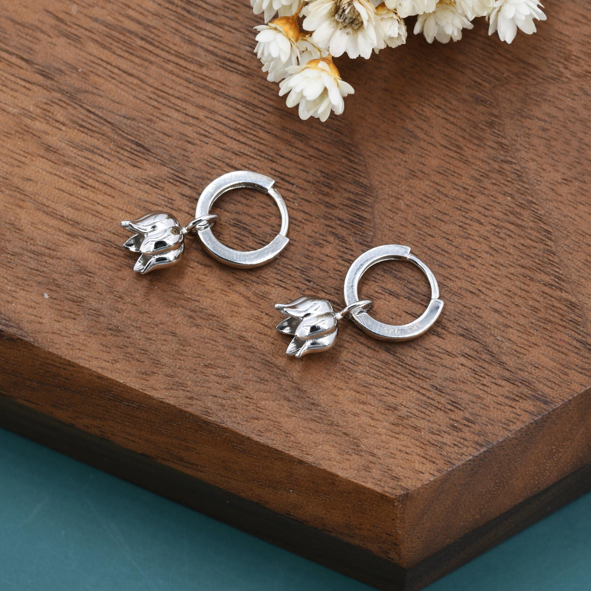 Lily of the Valley Flower Charm Huggie Hoop Earrings in Sterling Silver, Lily of the Valley Flower Dangle Earrings, Detachable Charms