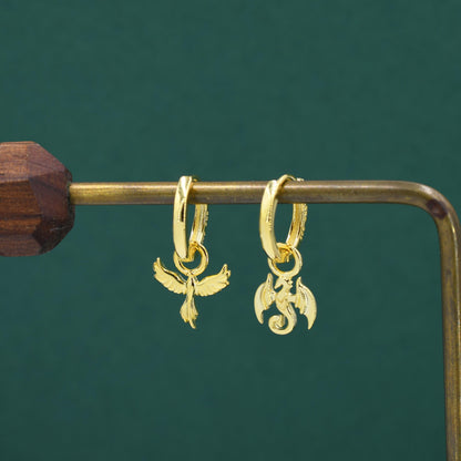 Mismatched Phoenix and Dragon Charm Huggie Hoop Earrings in Sterling Silver, Silver or Gold Finish, Phoenix Earrings, Detachable Charm Hoops