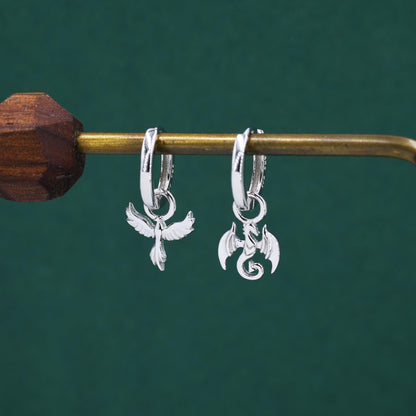 Mismatched Phoenix and Dragon Charm Huggie Hoop Earrings in Sterling Silver, Silver or Gold Finish, Phoenix Earrings, Detachable Charm Hoops