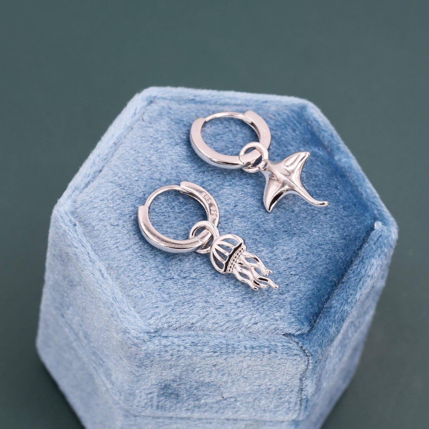 Mismatched Manta Ray Fish and Jellyfish Huggie Hoop Earrings, Asymmetric Stingray and Jellyfish Dangle Hoop Earrings, Fish Dangle Earrings