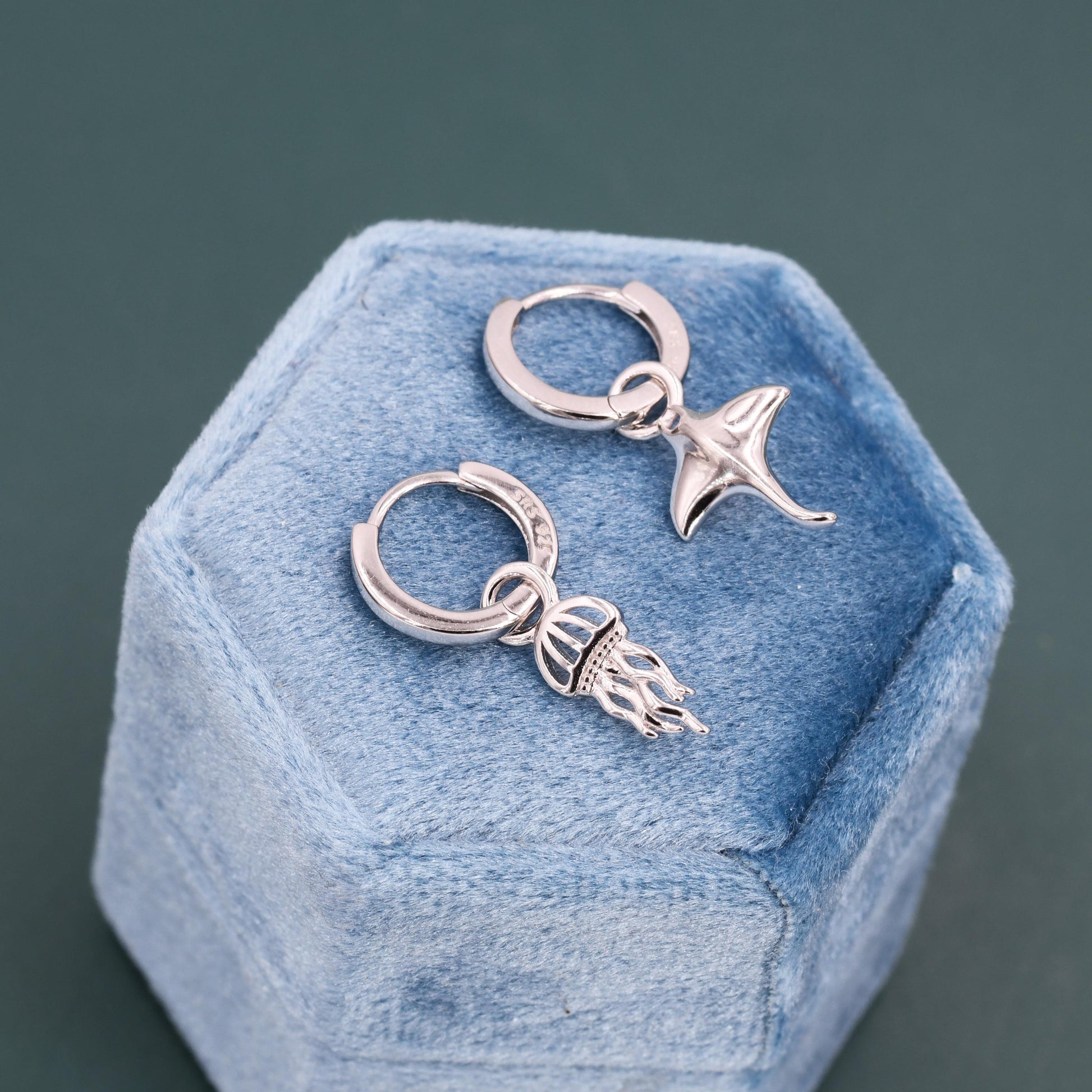 Mismatched Manta Ray Fish and Jellyfish Huggie Hoop Earrings, Asymmetric Stingray and Jellyfish Dangle Hoop Earrings, Fish Dangle Earrings