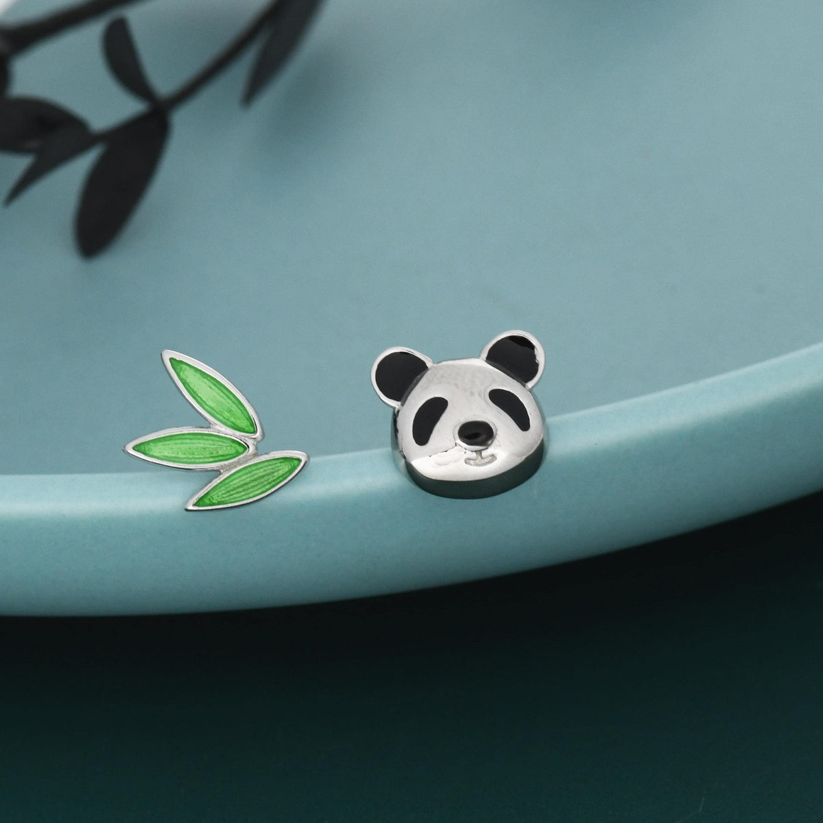 Mismatched Panda and Bamboo Leaf Stud Earrings in Sterling Silver, Asymmetric Panda and Bamboo Leaf Earrings, Nature Inspired