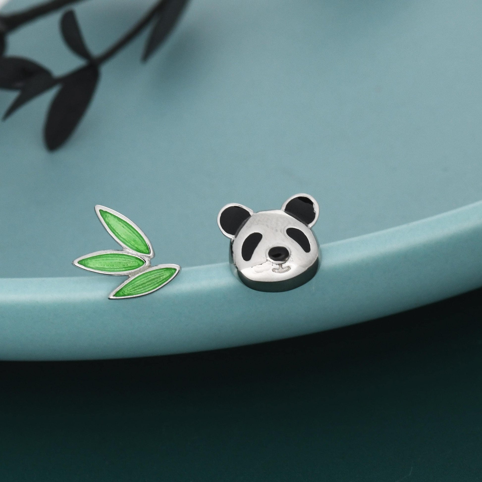 Mismatched Panda and Bamboo Leaf Stud Earrings in Sterling Silver, Asymmetric Panda and Bamboo Leaf Earrings, Nature Inspired