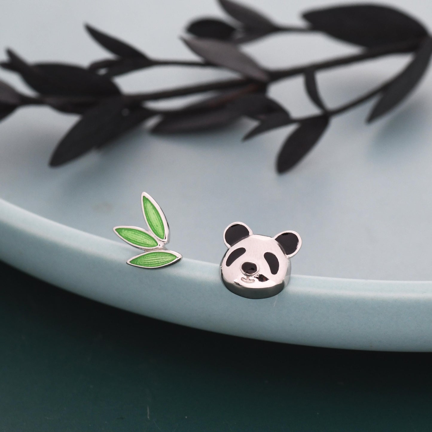 Mismatched Panda and Bamboo Leaf Stud Earrings in Sterling Silver, Asymmetric Panda and Bamboo Leaf Earrings, Nature Inspired