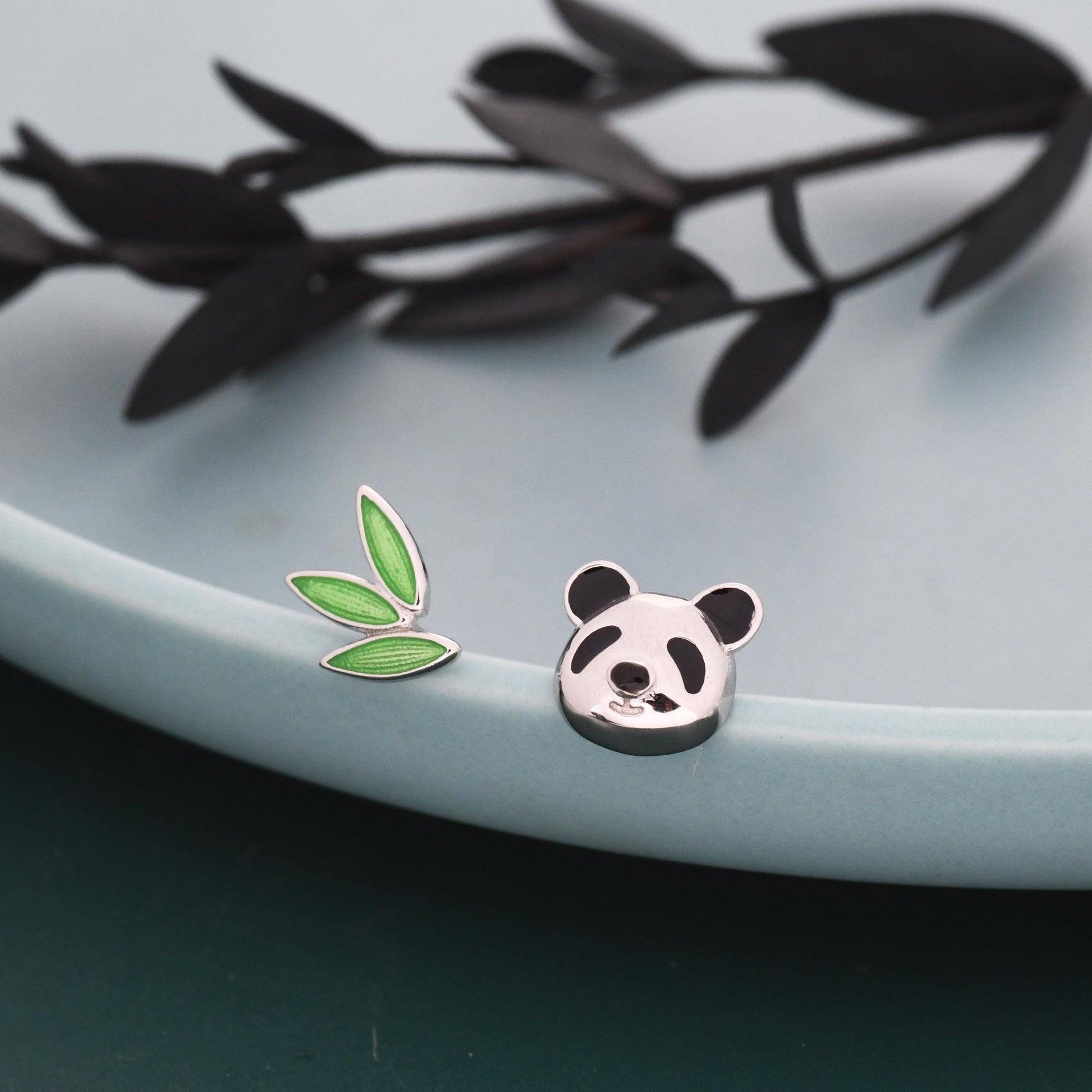 Mismatched Panda and Bamboo Leaf Stud Earrings in Sterling Silver, Asymmetric Panda and Bamboo Leaf Earrings, Nature Inspired