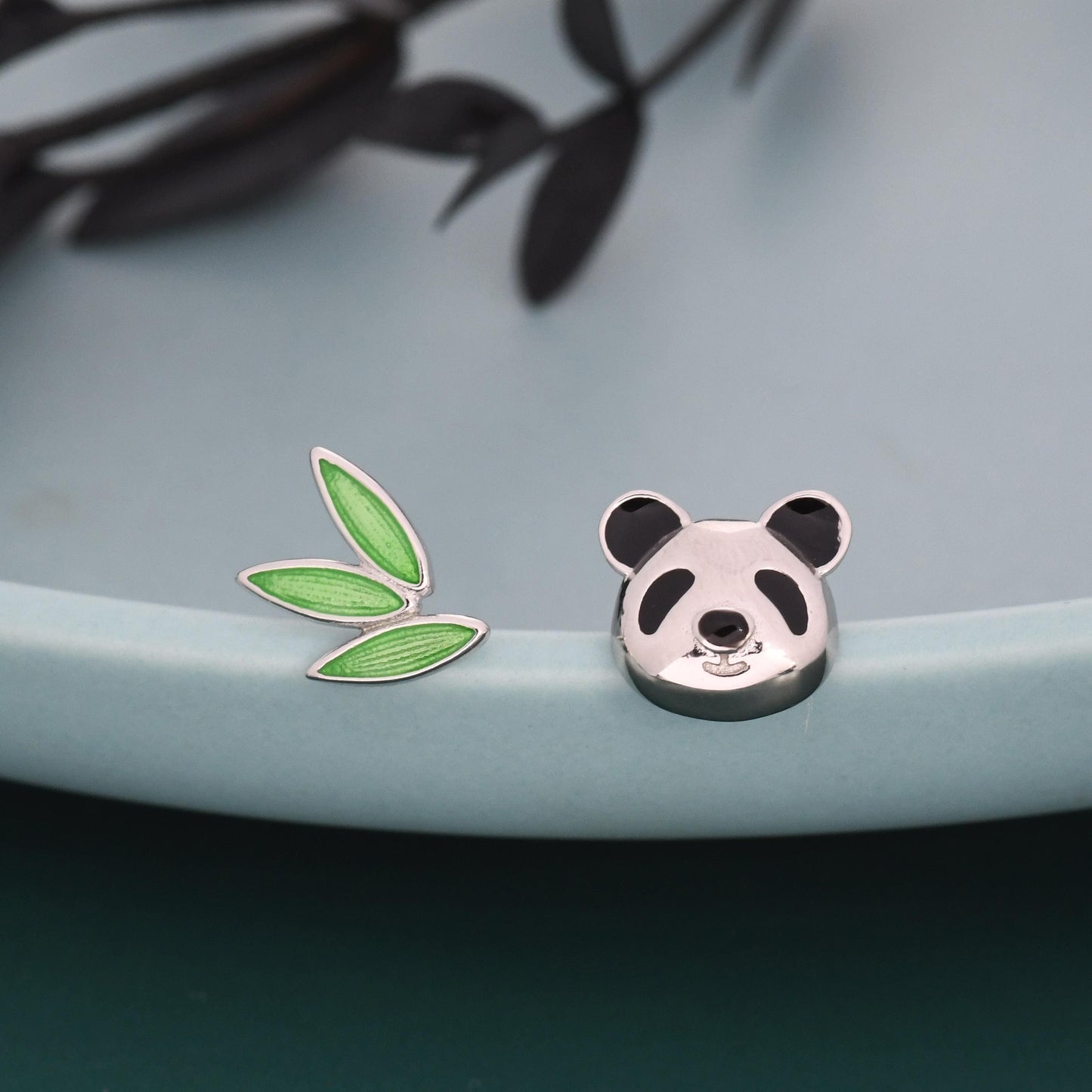 Mismatched Panda and Bamboo Leaf Stud Earrings in Sterling Silver, Asymmetric Panda and Bamboo Leaf Earrings, Nature Inspired