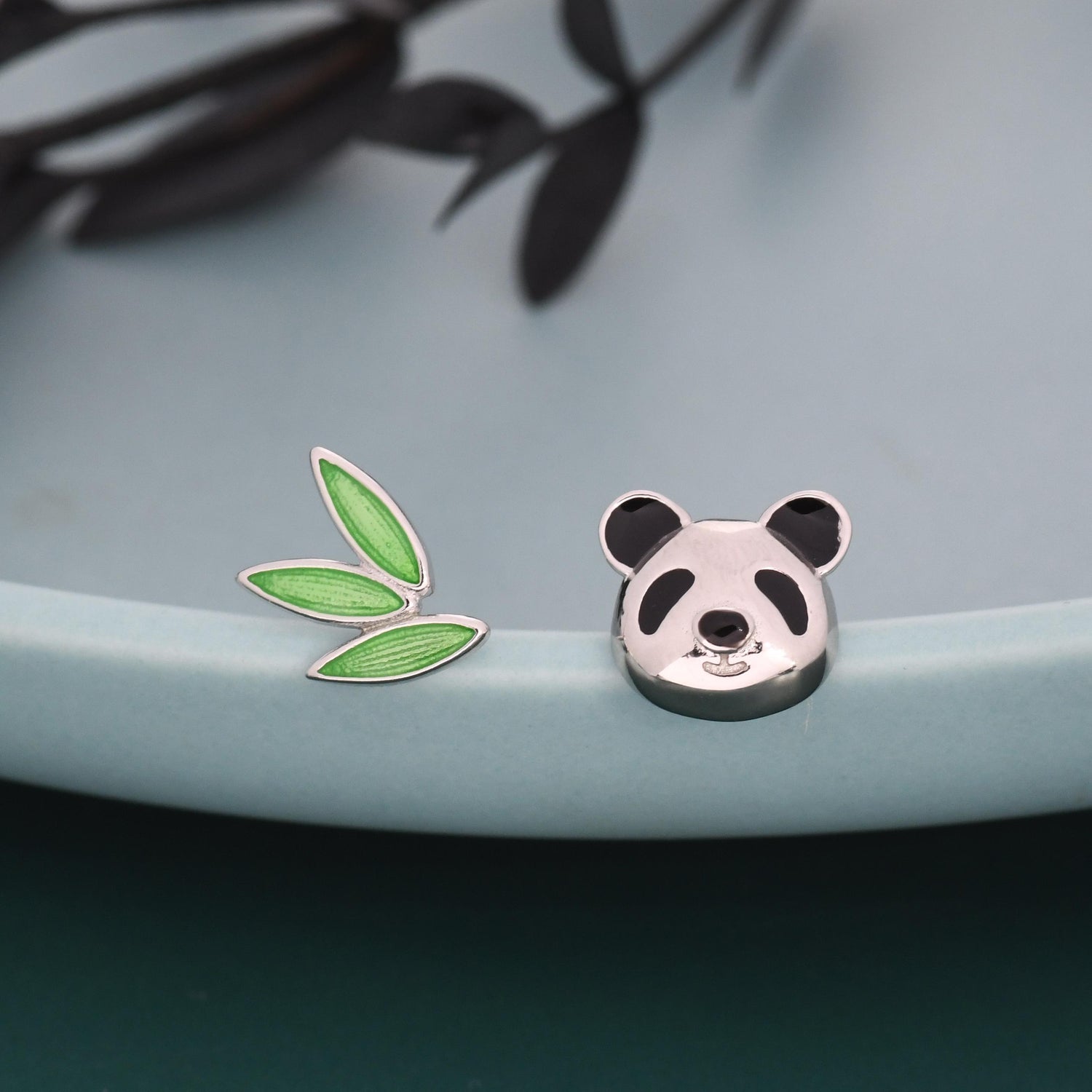 Mismatched Panda and Bamboo Leaf Stud Earrings in Sterling Silver, Asymmetric Panda and Bamboo Leaf Earrings, Nature Inspired