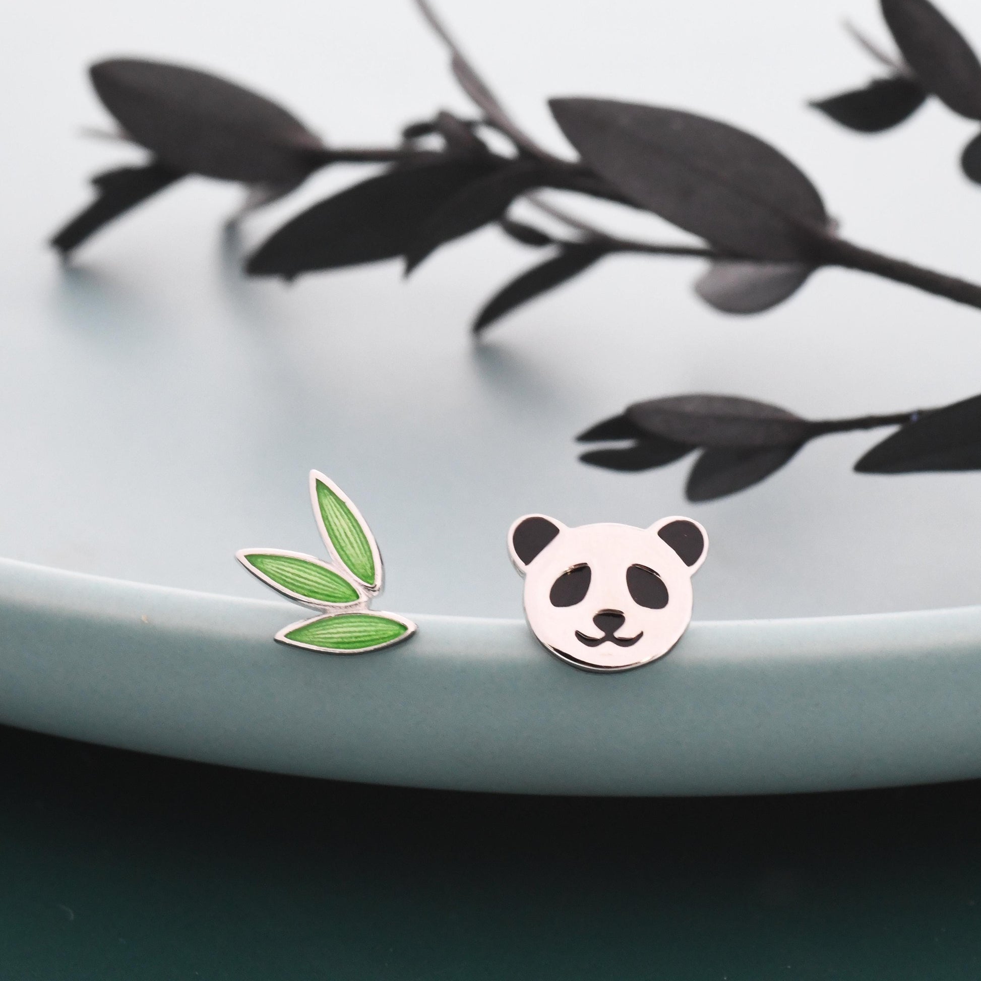 Mismatched Bamboo and Panda Leaf Stud Earrings in Sterling Silver, Asymmetric Panda and Bamboo Leaf Earrings, Nature Inspired