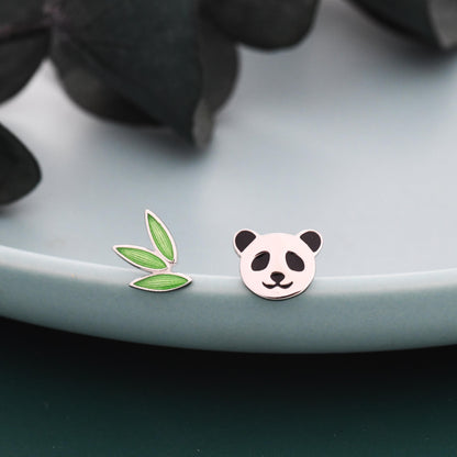 Mismatched Bamboo and Panda Leaf Stud Earrings in Sterling Silver, Asymmetric Panda and Bamboo Leaf Earrings, Nature Inspired