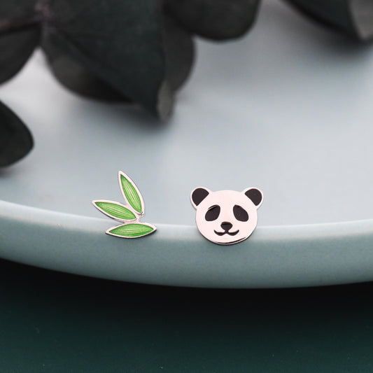 Mismatched Bamboo and Panda Leaf Stud Earrings in Sterling Silver, Asymmetric Panda and Bamboo Leaf Earrings, Nature Inspired