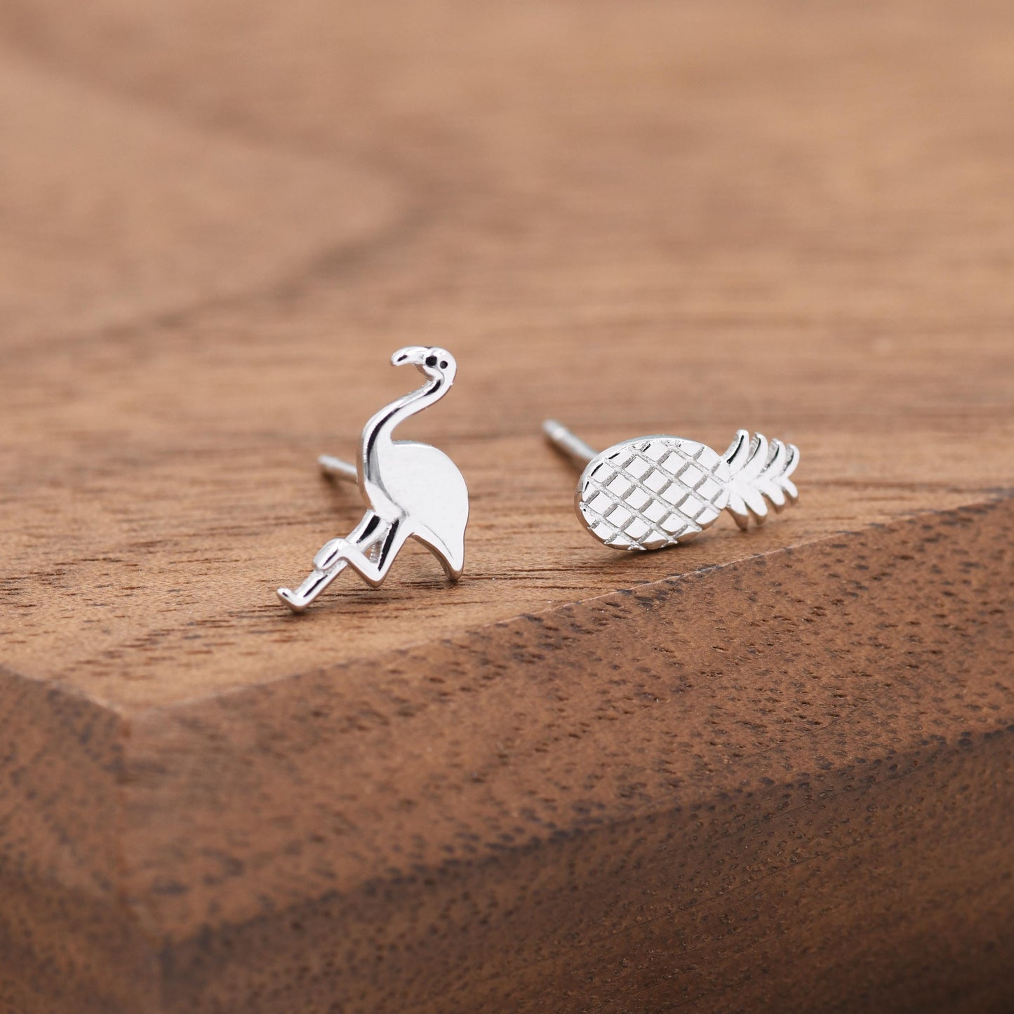 Mismatched Pineapple and Flamingo Stud Earrings in Sterling Silver - Asymmetric Cute Stud Earrings - Nature Inspired