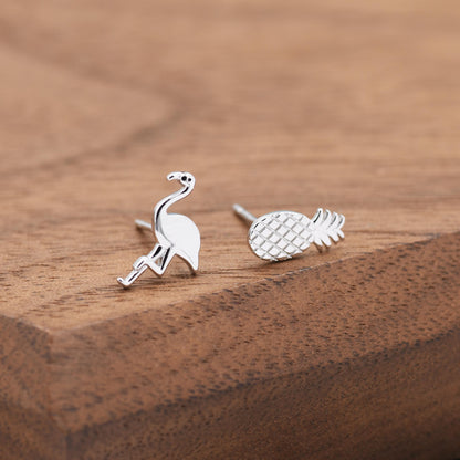 Mismatched Pineapple and Flamingo Stud Earrings in Sterling Silver - Asymmetric Cute Stud Earrings - Nature Inspired