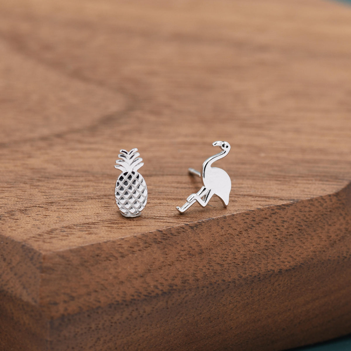 Mismatched Pineapple and Flamingo Stud Earrings in Sterling Silver - Asymmetric Cute Stud Earrings - Nature Inspired