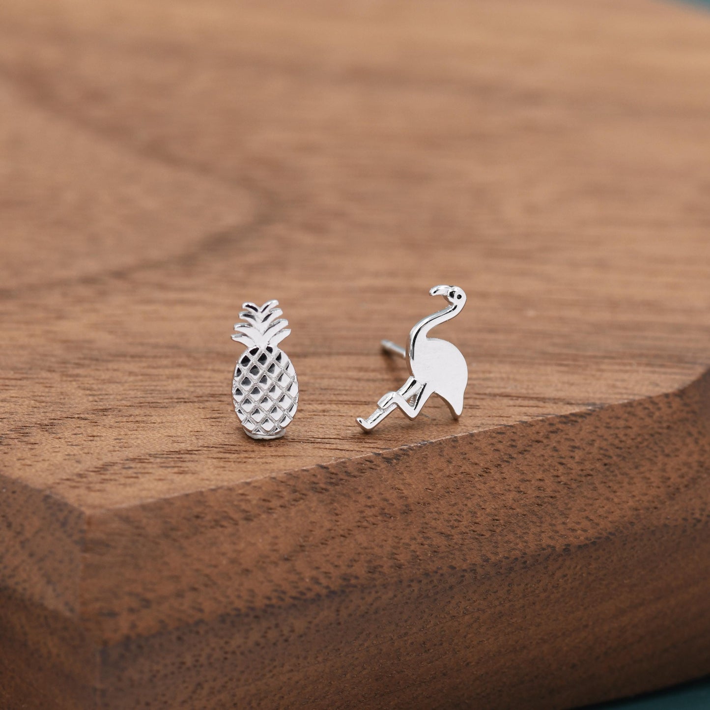 Mismatched Pineapple and Flamingo Stud Earrings in Sterling Silver - Asymmetric Cute Stud Earrings - Nature Inspired