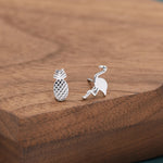 Mismatched Pineapple and Flamingo Stud Earrings in Sterling Silver - Asymmetric Cute Stud Earrings - Nature Inspired