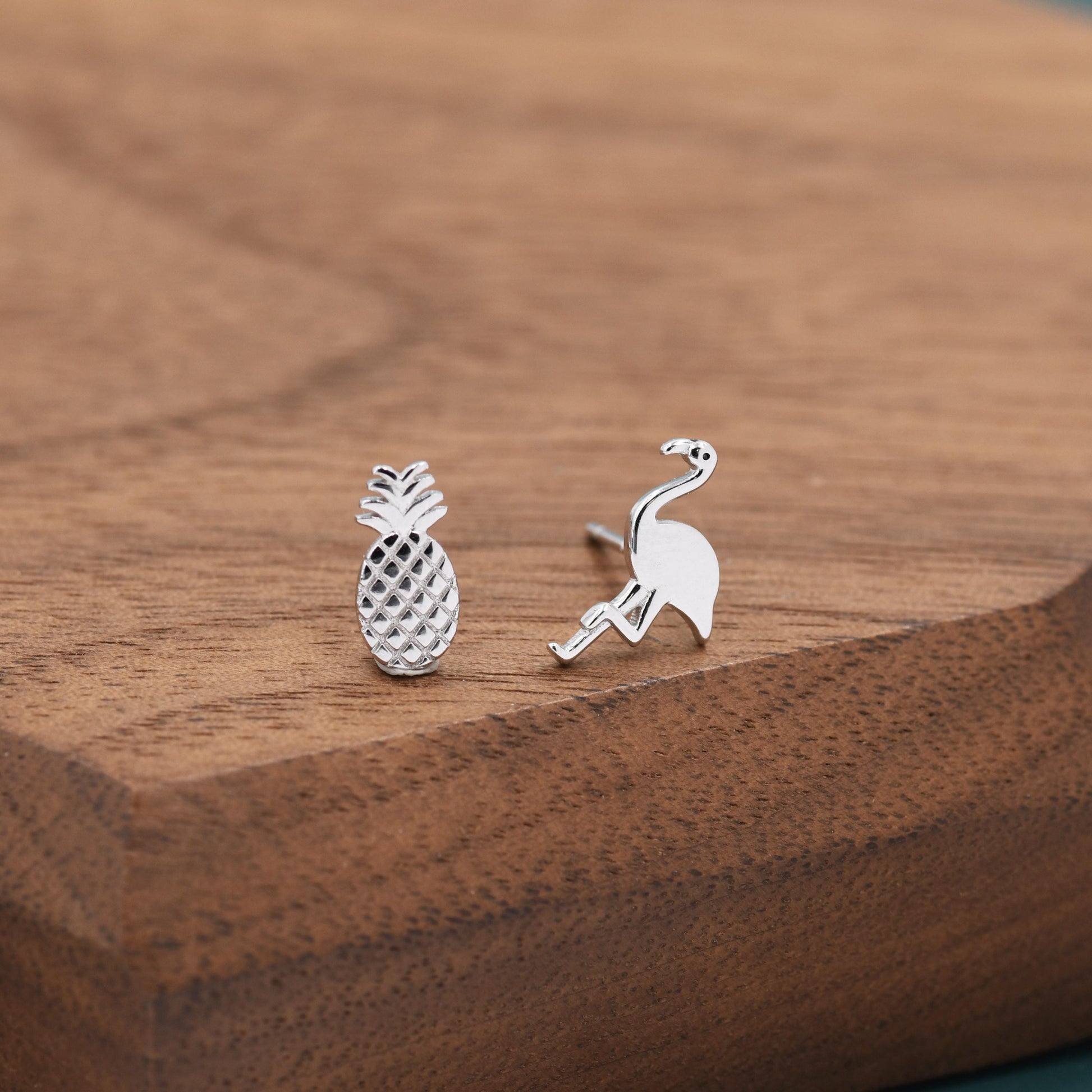 Mismatched Pineapple and Flamingo Stud Earrings in Sterling Silver - Asymmetric Cute Stud Earrings - Nature Inspired