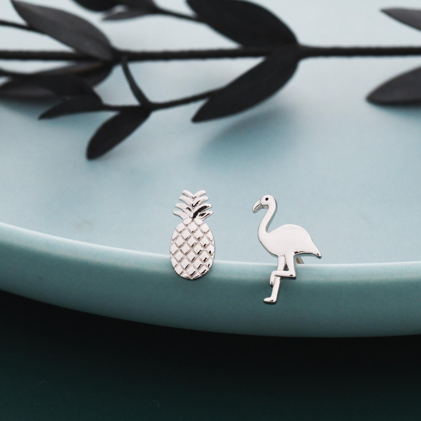 Mismatched Pineapple and Flamingo Stud Earrings in Sterling Silver - Asymmetric Cute Stud Earrings - Nature Inspired