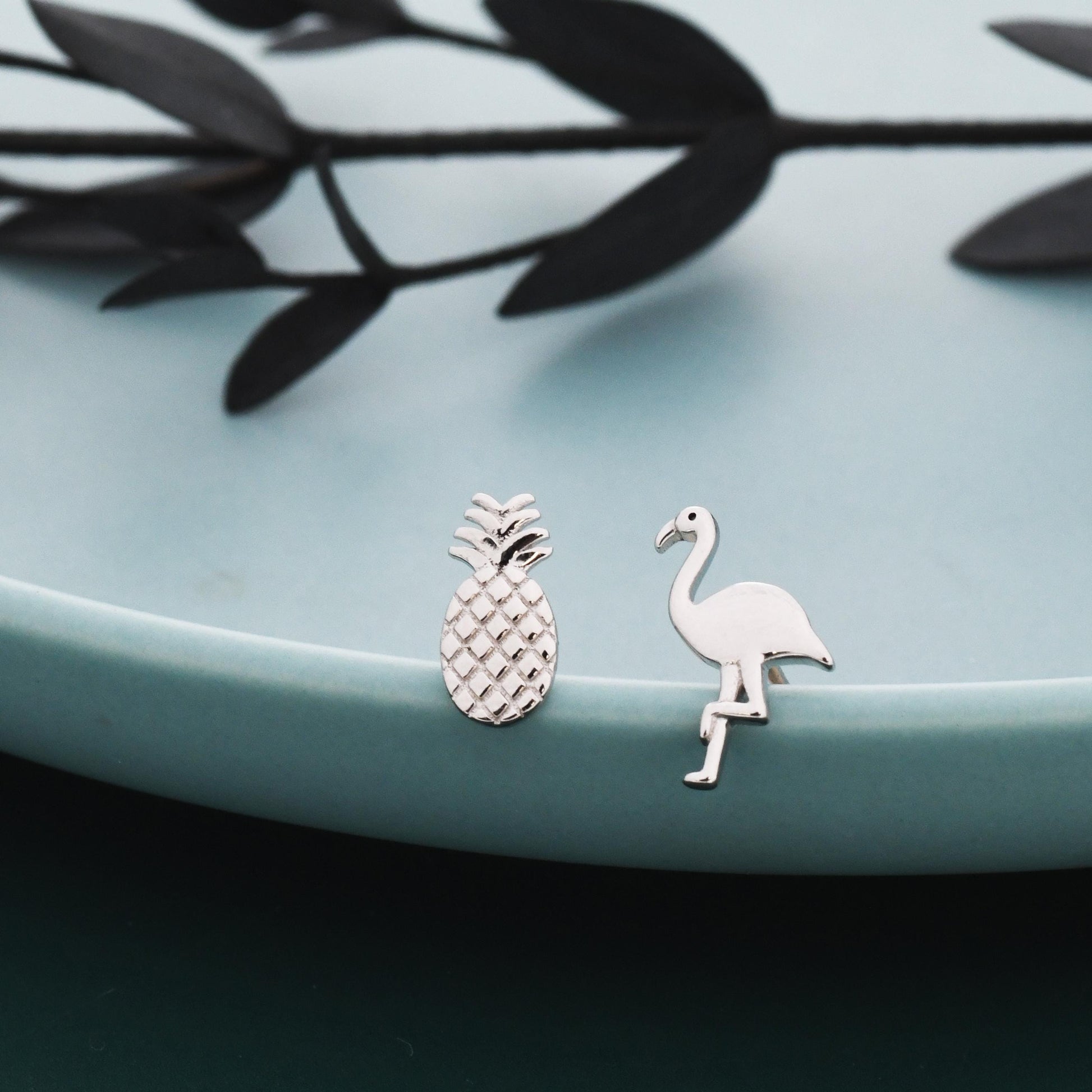 Mismatched Pineapple and Flamingo Stud Earrings in Sterling Silver - Asymmetric Cute Stud Earrings - Nature Inspired