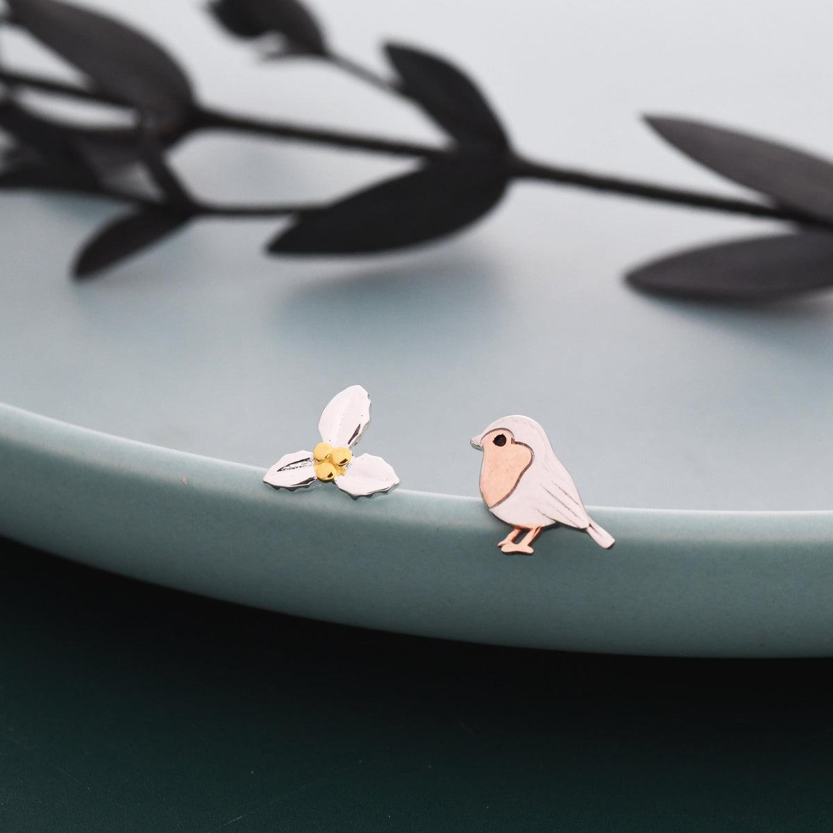 Mismatched Robin Bird and Holly Stud Earrings in Sterling Silver, Asymmetric Christmas Bird Earrings, Nature Inspired Earrings